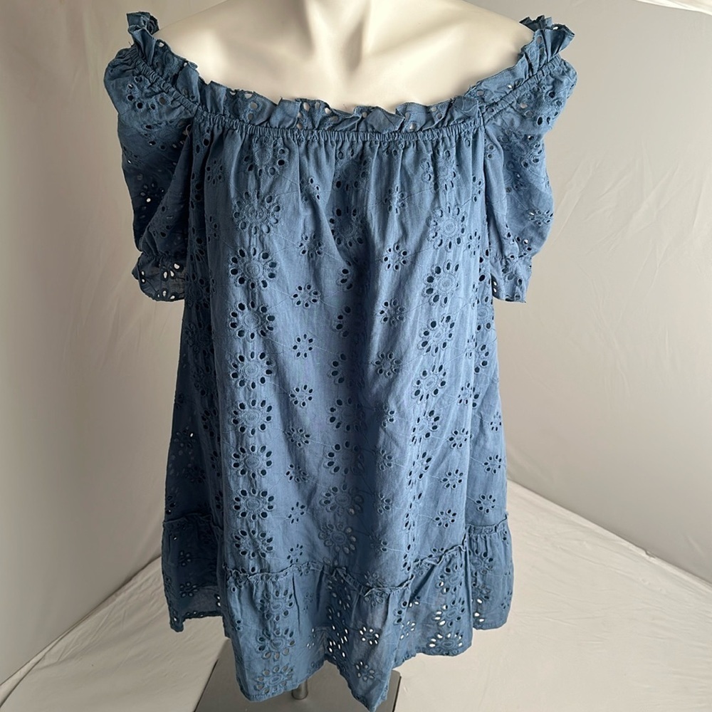 Elan blue eyelet off the shoulder summer dress